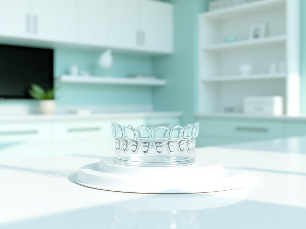 Clear aligner tray on a clinic worktop